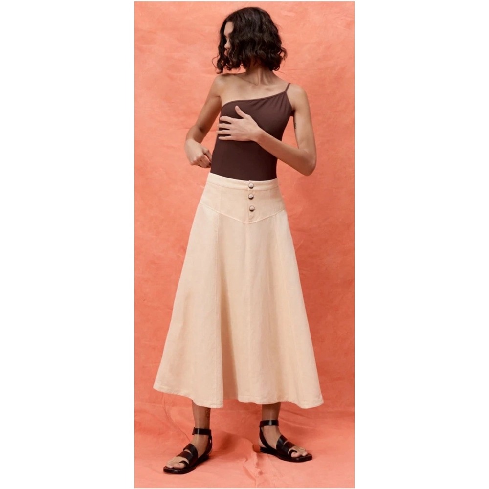 Zara Small Linen Blend Rustic Long Button Midi Skirt Khaki Western City Boho